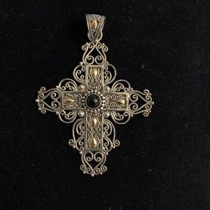 Sterling Filigree Cross with black onyx and 14 KT embellishments.